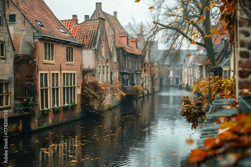 Canal in a Medieval Town. Generated Image. A digital rendering of a canal in a European town dating from medieval era.