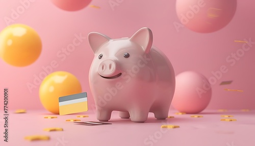 Piggy bank with credit card on pink background.