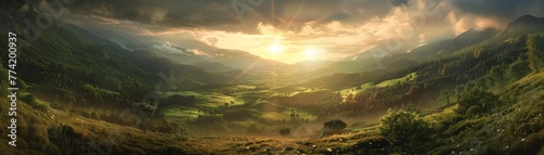 Lush valley under a sky ablaze with the last rays of the setting sun.