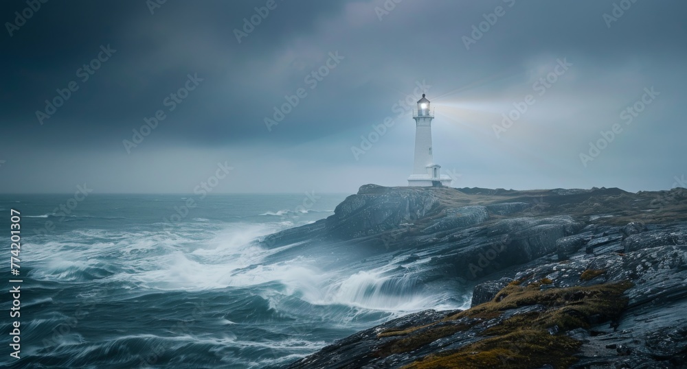 Lighthouse standing on a rugged rural coastline, guiding ships with its beacon through the tumultuous sea.