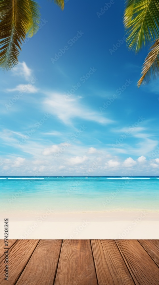 A beautiful beach scene with a wooden boardwalk and palm trees in the background A beautiful beach scene with a wooden boardwalk and palm trees in the background