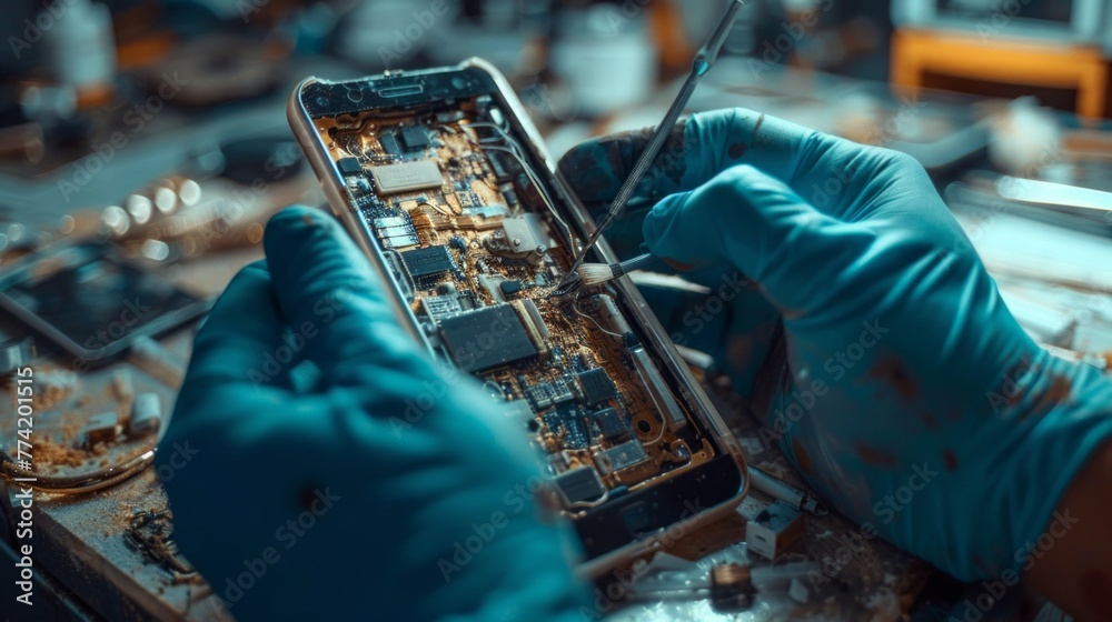 The technician carefully examines the integrity of the internal elements of the smartphone in a modern repair shop wearing protective uniform