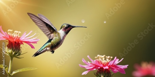 This ethereal scene captures a hummingbird's grace as it flits among soft pink flowers, bathed in the gentle sunlight of a tranquil day. The delicate dance of feeding highlights the symbiotic