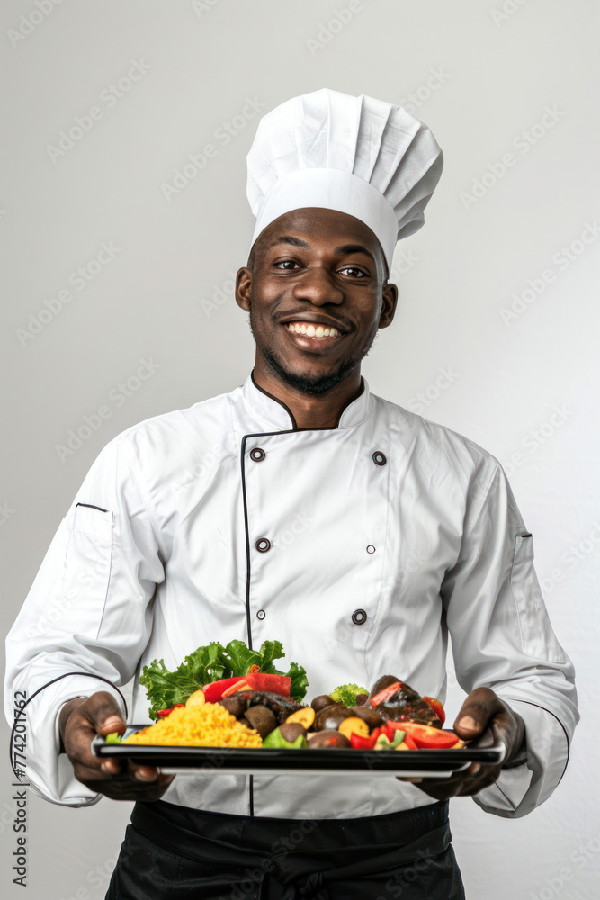 A joyful chef wearing a white double-breasted jacket offers a meticulously presented dish with a beaming smile A joyful chef wearing a white double-breasted jacket offers a meticulously presented dish with a beaming smile