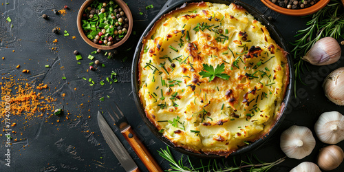 Delicious homemade shepherd's pie with herbs and spices cooked in a pan on a black background