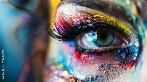 Close-up of a woman's blue-green eye with makeup, fashion, colorful make up on her face, copy space photo