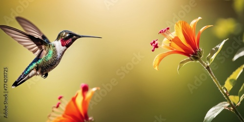 In a peaceful garden setting, a hummingbird approaches an orange flower, ready to sip its sweet nectar. The soft daylight highlights the fine details and colors of both the bird and the blooming plant