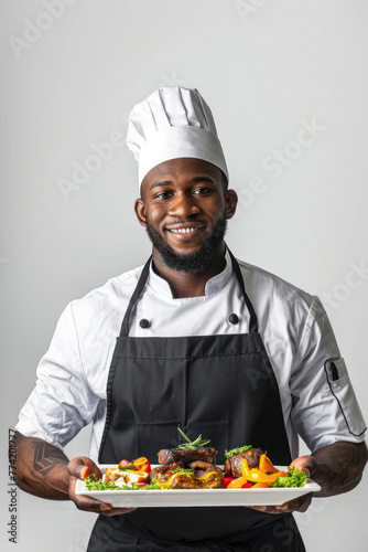 A confident chef in black apron displaying a creatively plated dish showcasing his culinary skills