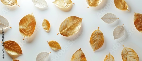 3D golden leaves scattered across a white background, each leaf rendered with realistic textures and hues, evoking an autumnal theme photo