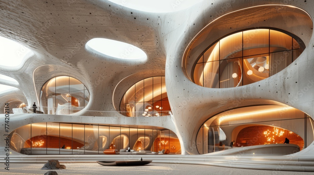 Interior of a modern building, concrete and glass facade, natural light with warm tones Interior of a modern building, concrete and glass facade, natural light with warm tones
