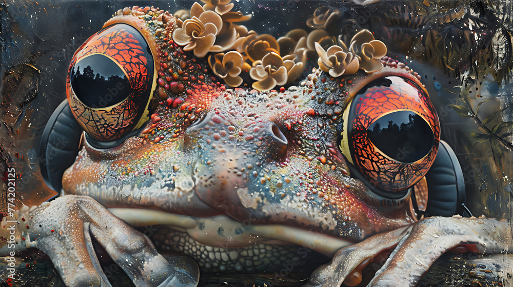 close-up of a frog with headphones