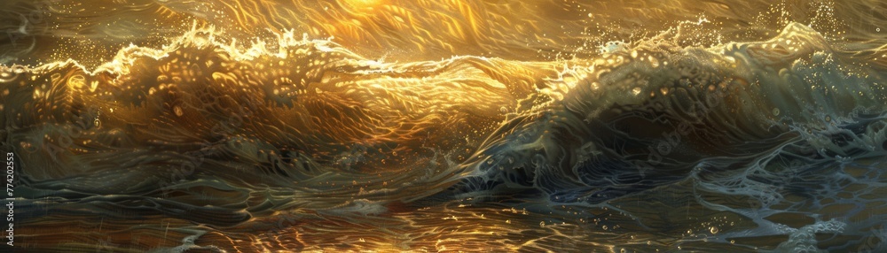 Dawns light caresses the tops of the waves a sea of liquid gold Dawns light caresses the tops of the waves a sea of liquid gold