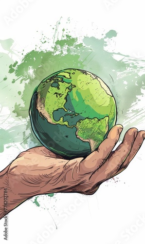 Cartoon style of earth in hand, green planet on hand, save of earth, earth day, phone wallpaper