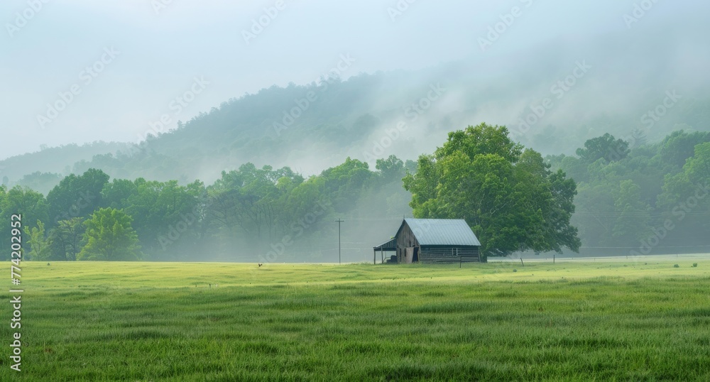 Misty morning, with a lone farmhouse surrounded by fields of green, epitomizing peace and solitude.