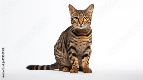Alert Tabby Cat with Striking Stripes on a White Background. Generative AI