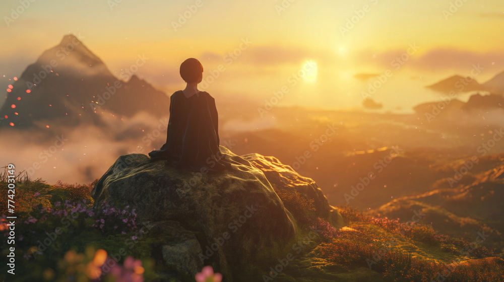 Woman meditates on a rock, surrounded by mist and warmth of a sunrise over tranquil mountains
