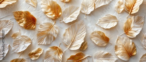 A sophisticated 3D of golden leaves, each leaf intricately designed to resemble autumn elegance, set against a pure white canvas.