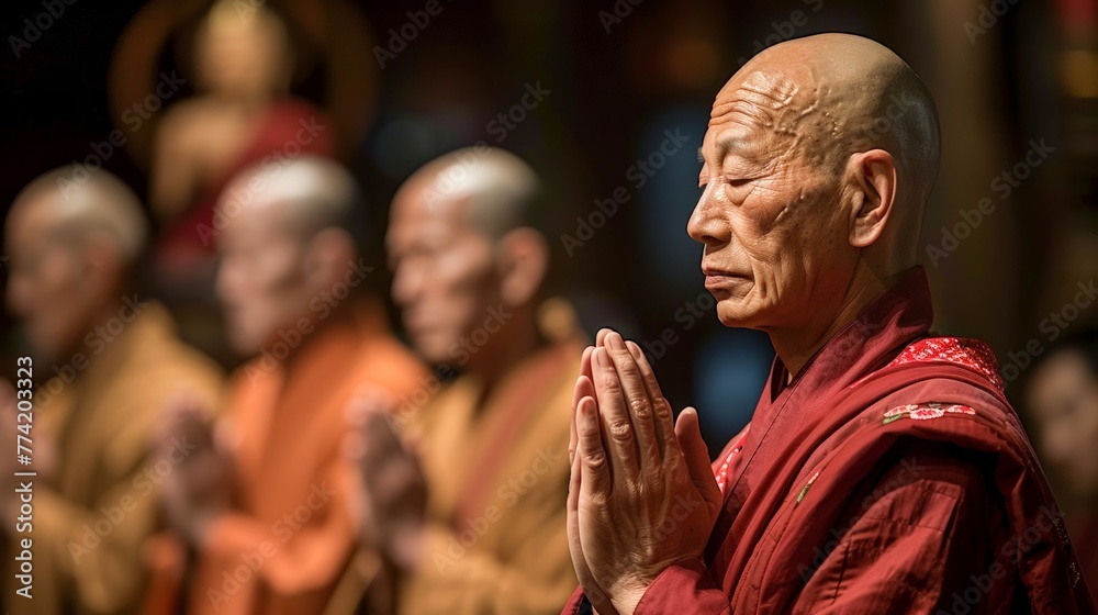 Asian priests who are praying in temple, Japanese monk