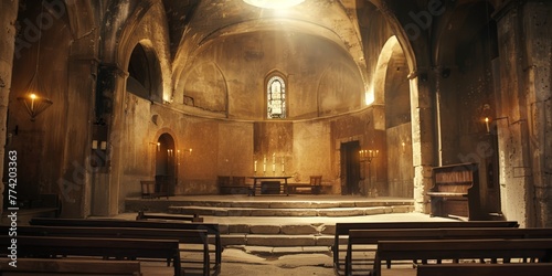 Early Christian church, interior of church, wallpaper illustration