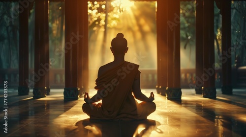 silhouette of buddha meditating in temple against sunset photo