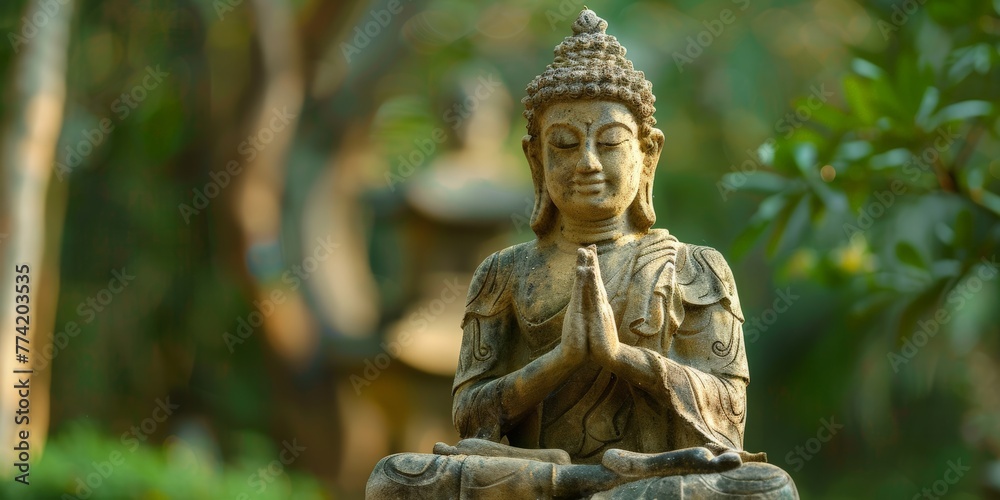 Stone Buddha Statue Meditating at Thai Temple, Blurred Background, Copy space Stone Buddha Statue Meditating at Thai Temple, Blurred Background, Copy space