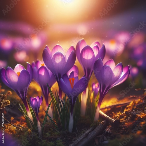 The last light of day washes over a lush cluster of crocuses, casting a tranquil purple hue across the woodland floor. The sunset glow embraces the flowers, creating a picturesque moment of evening