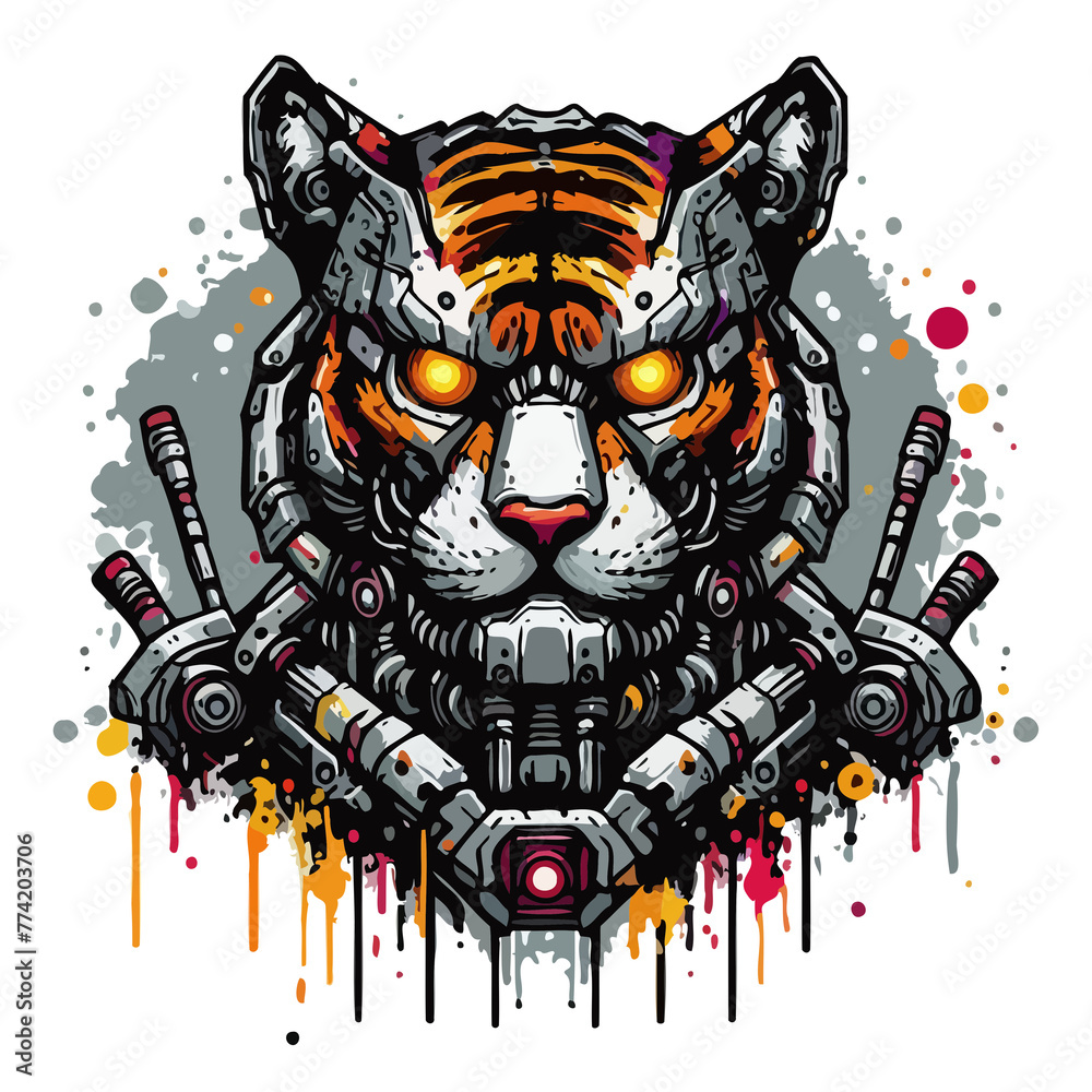 Obraz premium A tiger robot in an armored coat with flame eyes with colorful paint splashes