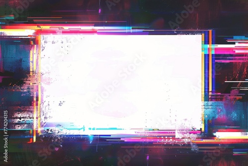 Retro Video Distortion: A distorted retro video frame with a glitching, VHS-inspired border frames a large area of clean white space in the center.