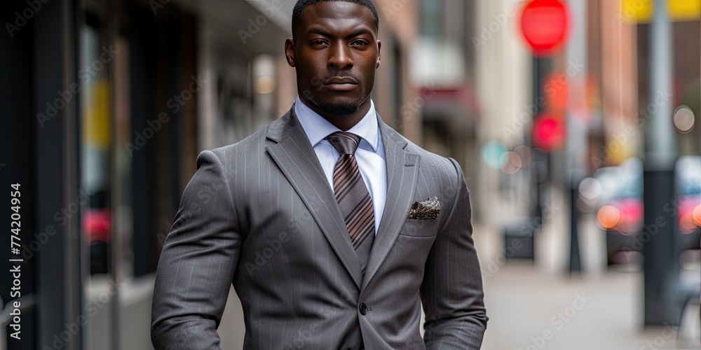 A dapper African American man in a sharp suit stands amidst the hustle and bustle of the city street.