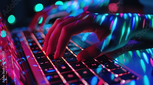 Close up typing on computer keyboard with neon lights