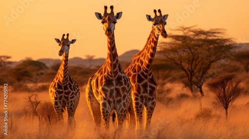 Giraffe group in golden light of savanna close up © stocksbyrs
