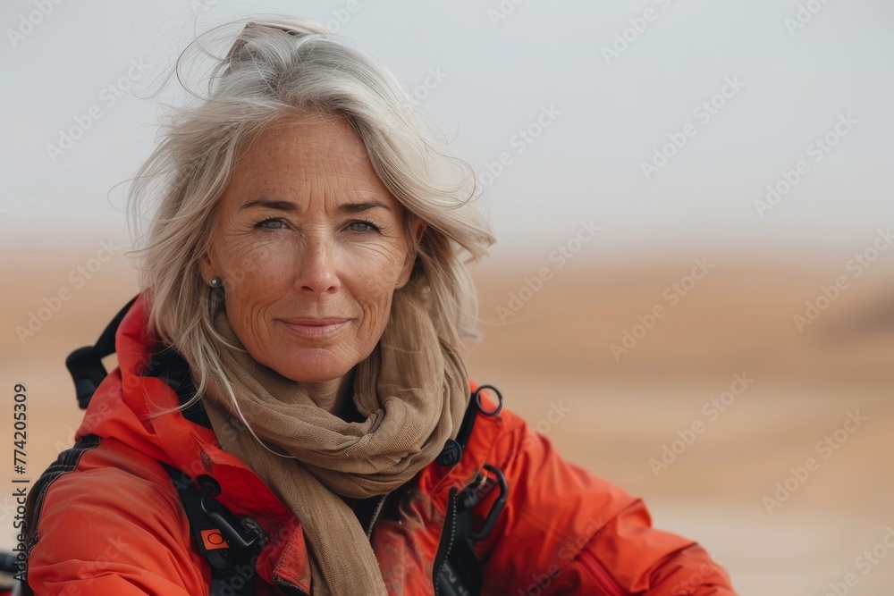 A thoughtful expression graces the face of a mature woman clad in an orange jacket, set against a desert