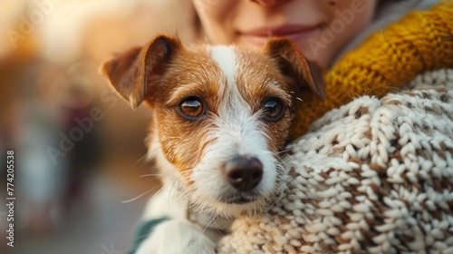 young teen girl hipster hold her dog Jack Russell Terrier, smile close up, love and friendship, care animals