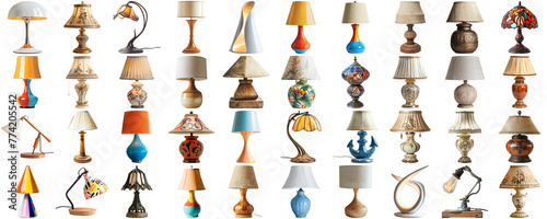 Big collection set of lamp in various styles retro vantage and modern bedside nightstand lighting different table lamp for interior decoration furniture element, isolated on transparent background © Summit Art Creations