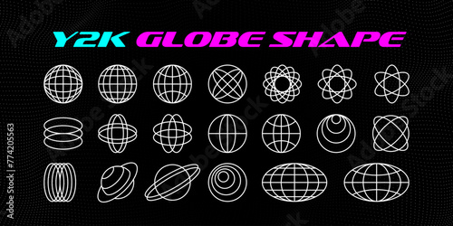 Y2K geometric globes with orbital lines, vector contour shapes for retro-futuristic 2000s design
