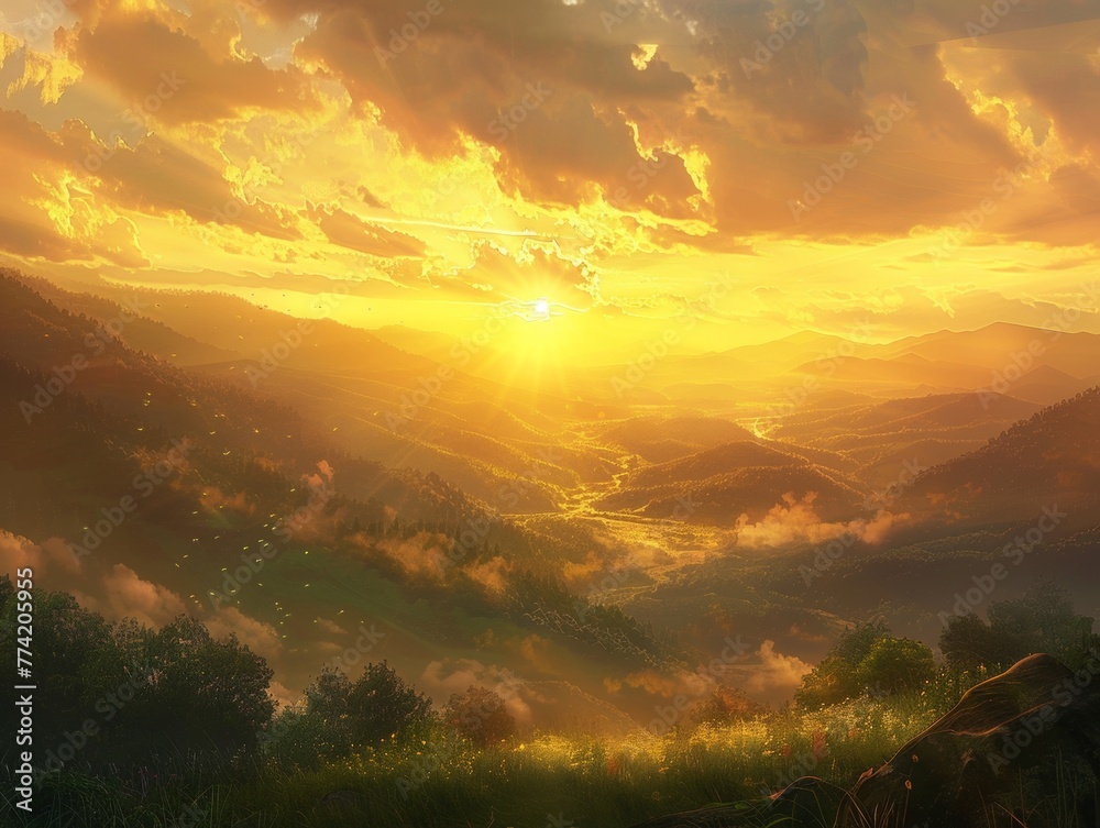 Golden light floods a valley as the sun peeks over the horizon Stock ...