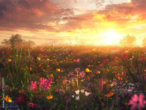 Golden hour sunlight filters through a vibrant field of flowers