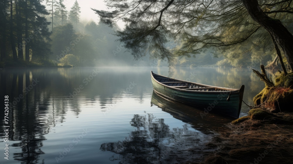 Fototapeta premium Vintage rowboat on tranquil lake with reflections