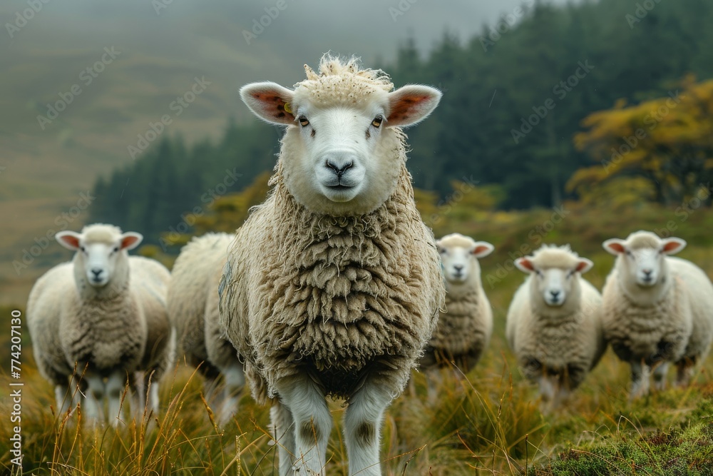 Fototapeta premium A herd of sheep grazing peacefully in a lush green highland setting with a calming and serene vibe