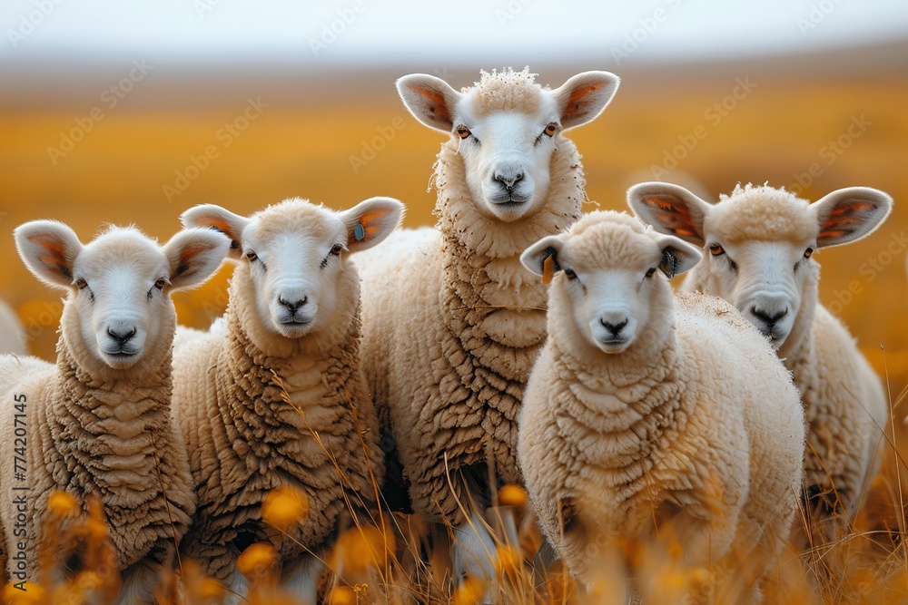 Fototapeta premium Sheep cluster attentively in a field of gold, highlighting concepts of unity, nature, and agriculture