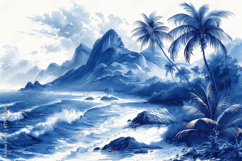 This artwork features a summer island landscape with palm trees, the beach, the mountain, the waves, and the ocean modern hand drawn on a white background.