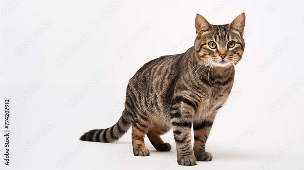 Fototapeta premium Alert Tabby Cat with Striking Stripes on a White Background. Generative AI