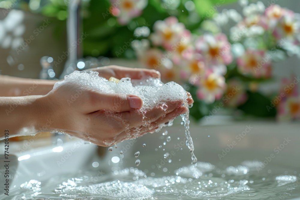 Fototapeta premium Hands gently produce soap bubbles against a backdrop of fresh flowers and daylight