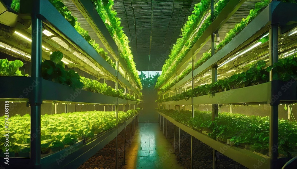 Organic green plant sprouts growing in transparent containers on wooden shelves in a futuristic greenhouse. 