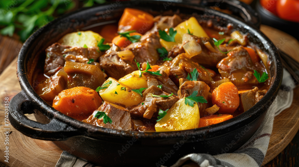 Beef stew in frying pan. Stewed potatoes with meat. Delicious traditional food Beef stew in frying pan. Stewed potatoes with meat. Delicious traditional food