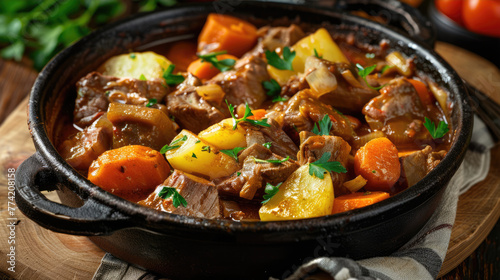 Beef stew in frying pan. Stewed potatoes with meat. Delicious traditional food