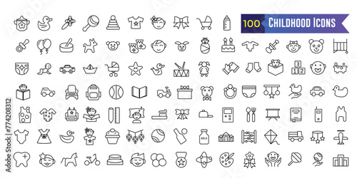 Childhood activity icons set outline vector. Kids development icon for ui design isolated. Outline icon collection. Editable stroke.