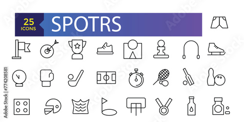Collection of sports vector line icons. Icons of active lifestyle, hobbies, sports equipment and clothing.