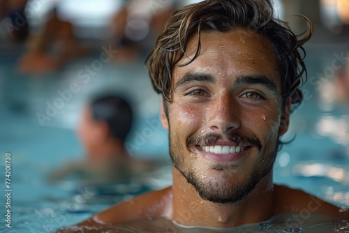 Happy man with sparkling eyes flashing a big smile while swimming in a pool