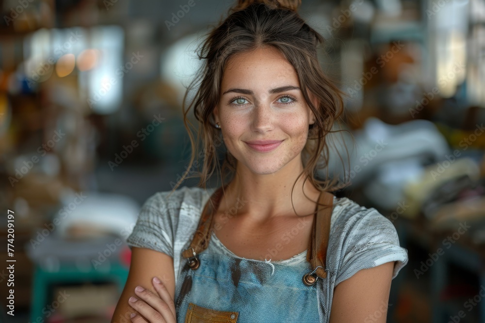 Young female artisan in her workshop wearing a denim apron with a gentle and friendly smile Young female artisan in her workshop wearing a denim apron with a gentle and friendly smile